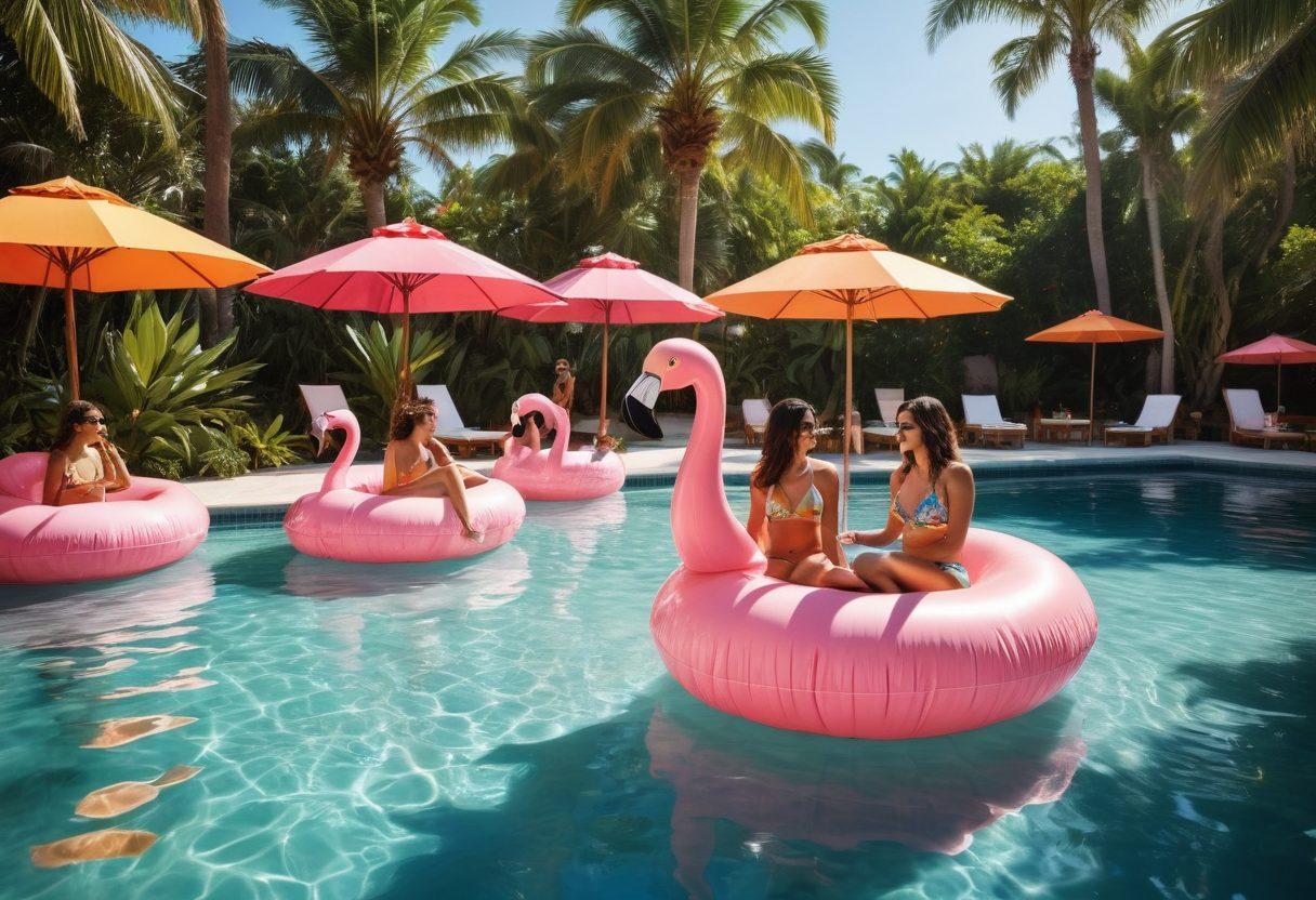 A vibrant beach scene featuring a diverse group of friends at a pool party, showcasing trendy swimwear, colorful pool floats, and tropical drinks. In the background, a beautiful seaside getaway with palm trees and ocean waves. Sunlight reflecting off the water creates a festive atmosphere, enhancing the vacation vibe. super-realistic. vibrant colors. sunny backdrop.