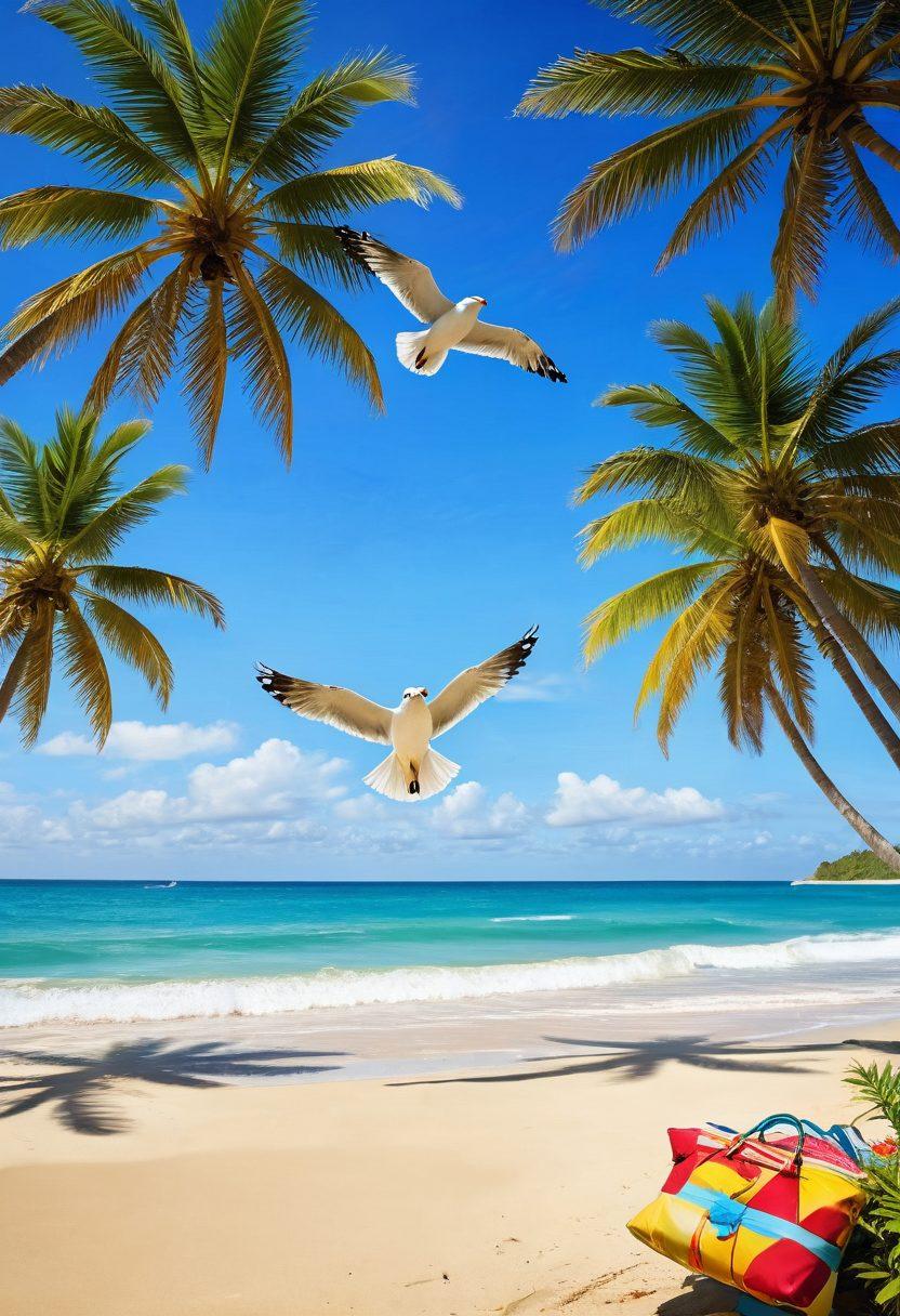 A vibrant beach scene showcasing stylish swimwear on a sun-kissed sandy shore, adorned with colorful beach accessories like sunglasses, hats, and beach bags. Lush palm trees sway in the breeze, while a radiant sun casts warm light, creating a lively atmosphere. The ocean waves gently lap at the shore, inviting relaxation and fun. Include a playful seagull flying overhead to add a touch of whimsy. super-realistic. vibrant colors. tropical theme.